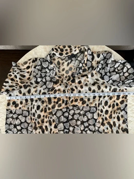 ASOS Leopard Print Mixed Pattern Button-Up Blouse in Black, White, Tan - Picture 6 of 7